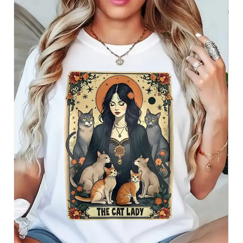 Women's 100% Cotton Short-Sleeve Digital Print Cat Graphic T-Shirt - Soft Round Neck Casual Streetwear Tops for Feline Lovers, Comfortable Women's Clothes, Printed, Short Sleeves, Classic Fit, Flat, All Seasons