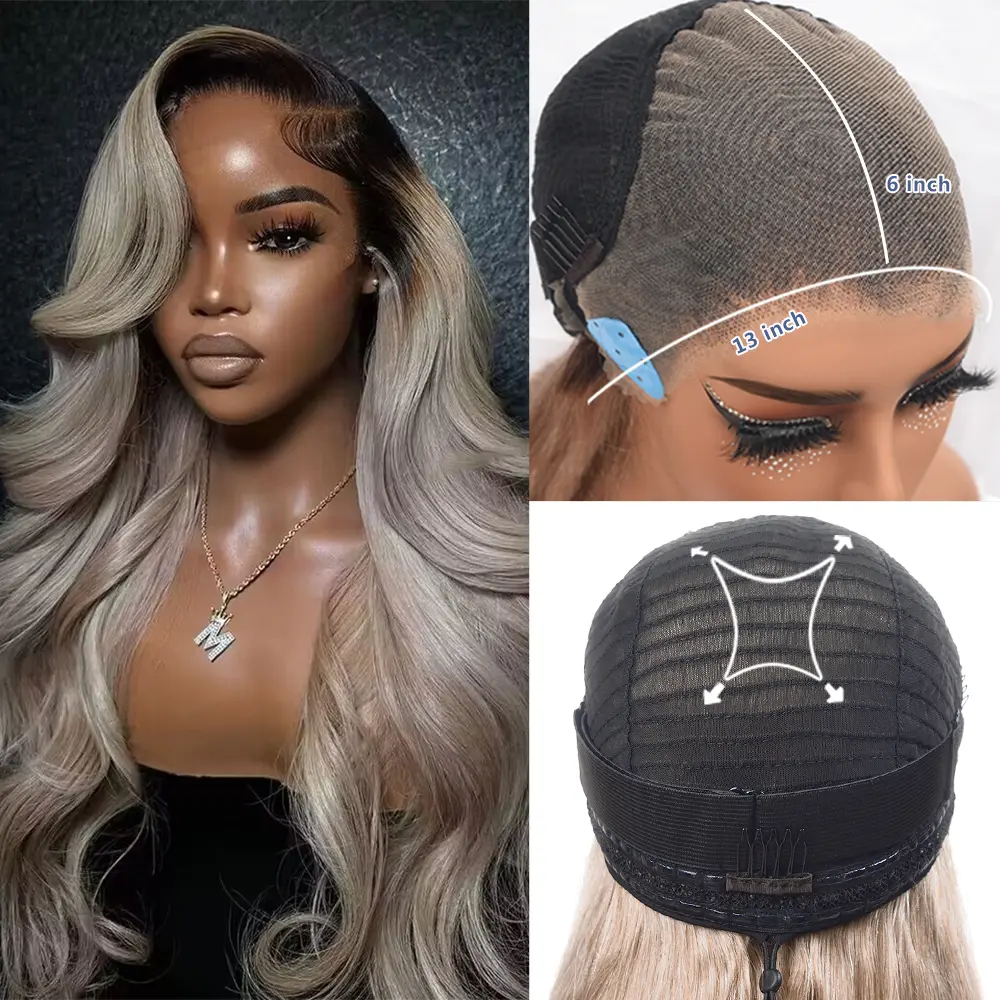 Milk Tea Ombre Ash Blonde Drawstring Glueless Wig Human Hair Upgrades 13x6 Body Wave Lace Frontal Wig for Women HD Invisible Frontal Wig Brown Root Ombre Human Hair Wig