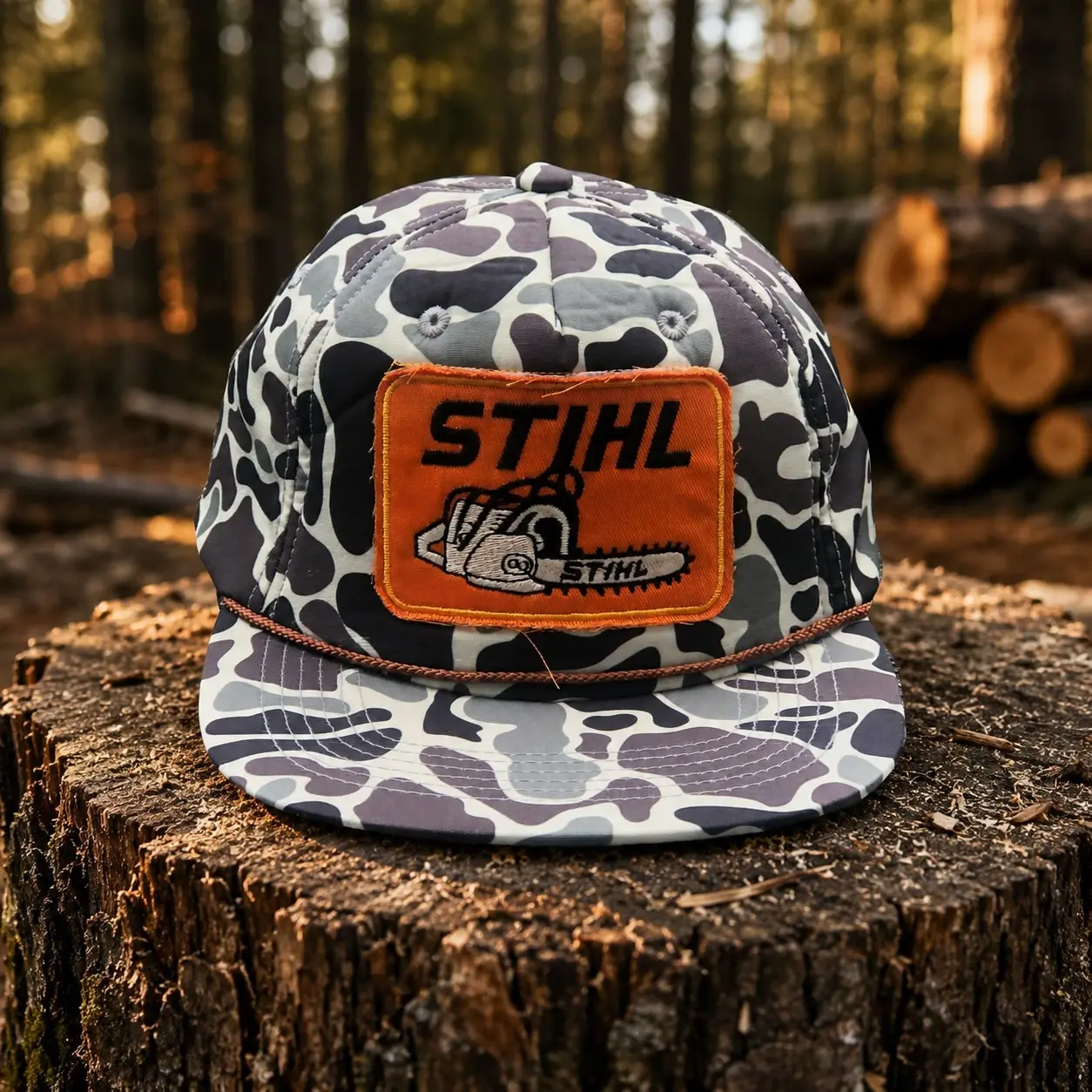 Embroidered Chainsaw Camo Hat, Vintage Logging Rope Cap, Outdoor Camouflage Snapback, Logger Workwear Hat for Men