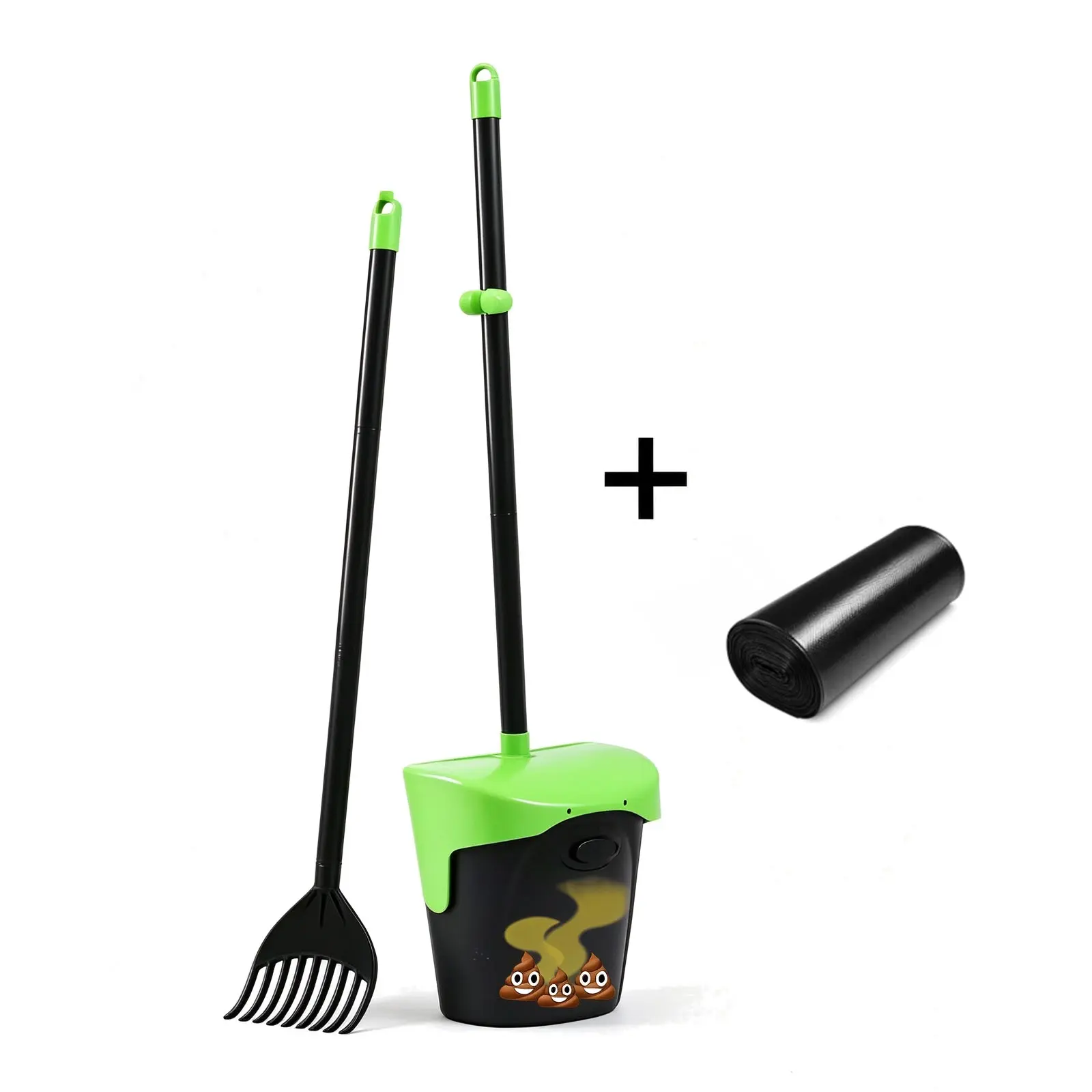 Dog Pooper Scooper, Swivel Bin & Rake Set with 1 roll of Waste Bags | Bag Attachment & Lid for Hands-Free Waste Cleanup on Lawn, Yard & Kennel. Designed for Small, Medium & Large Dogs