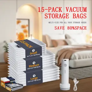 Cordless Travel Vacuum Storage Compression Bag Set – 15-Pack in 3 Sizes – USB Rechargeable Handheld Pump with Built-In Battery – Waterproof & Reusable Space Saver for Clothes & Packing, Perfect for Carry-On Suitcases