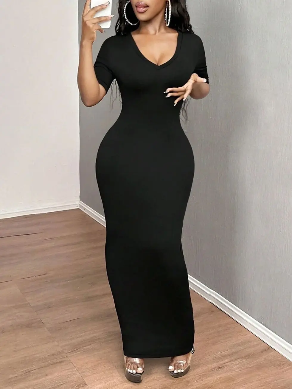 Hoco Bodycons Hoco Women's Solid V-Neck Bodycon Short Sleeve Maxi Dress, Elegant ...