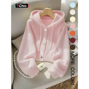 Autumn Winter New Hooded Knit Cardigan, High-End Macaron Color Design, Unique Stylish Single Button Coat, Trendy Women's Knitted Outerwear, Knitwear