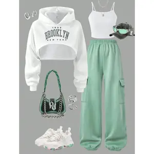 Tween Girls 3Pcs Set Thermal Lined Knit Top With Letter Print, Camisole And Cargo Pants, Comfortable Outfit To Express Youthful Personalized, Autumn/Winter