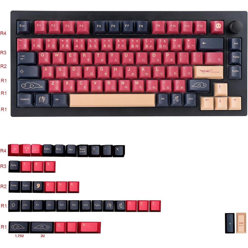 Red Samurai Keycaps 129 Cherry Profile Dye Sublimation PBT Customized Keycaps Set with Puller for Cherry Mx Switches Mechanical Keyboard 61/87/104/108