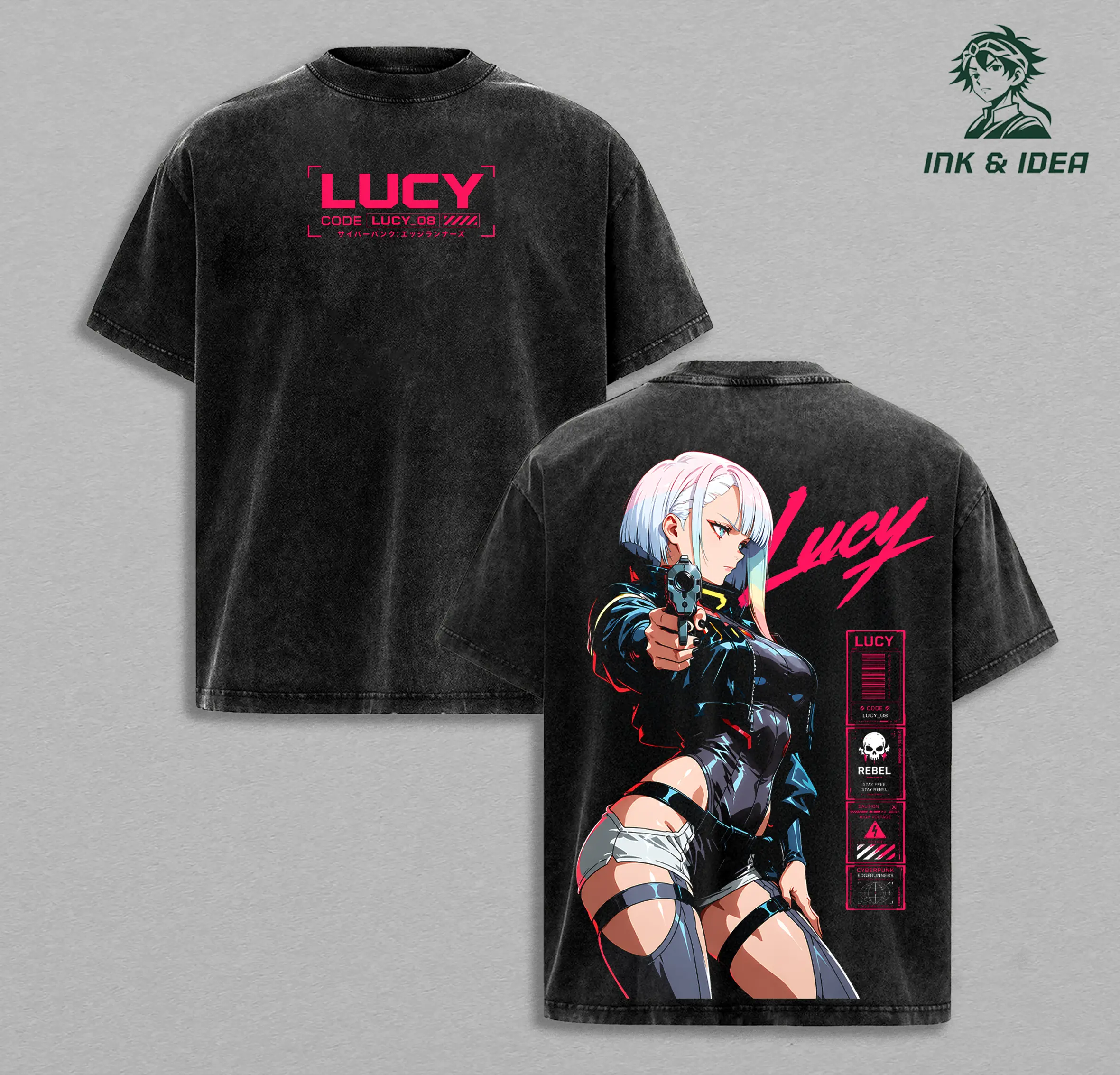 Lucy Cyberpunk Edgerunners Vintage Washed Anime Tee Neon Night City Graphic Shirt Futuristic Cyber Warrior Oversized Heavyweight Cotton T-Shirt Anime Streetwear Unisex Apparel Gift for Cyberpunk Fans Sci Fi Gamers and Edgerunners Collectors