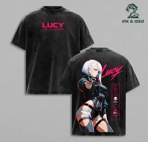 Lucy Cyberpunk Edgerunners Vintage Washed Anime Tee Neon Night City Graphic Shirt Futuristic Cyber Warrior Oversized Heavyweight Cotton T-Shirt Anime Streetwear Unisex Apparel Gift for Cyberpunk Fans Sci Fi Gamers and Edgerunners Collectors