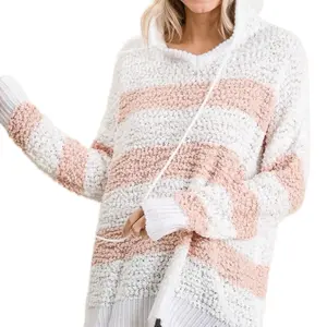 Reborn J Full Size High-Low Striped Popcorn Hoodie Sweater