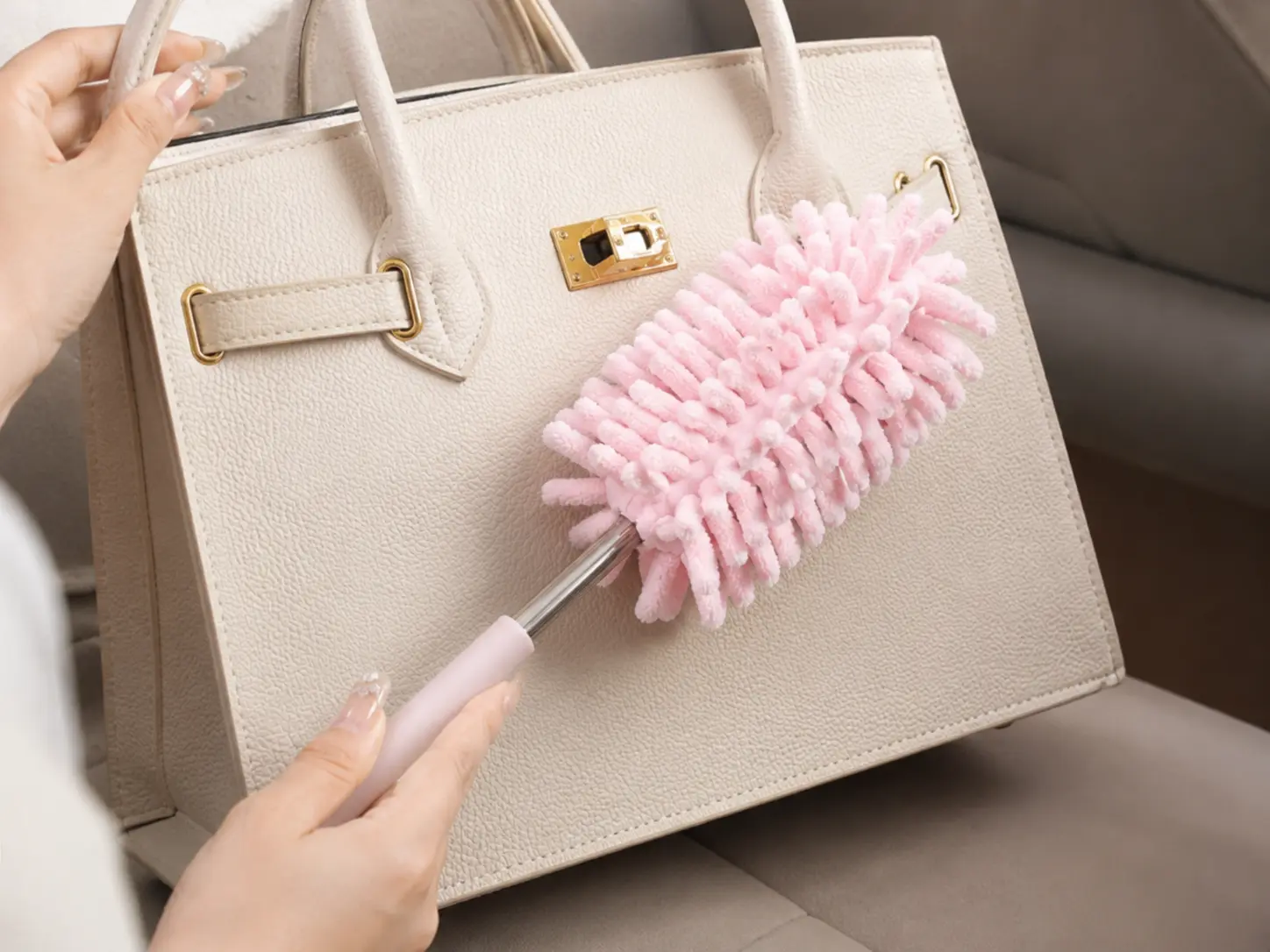 Handheld Pink Mini Chenille Duster with Flexible Head, Adjustable Extendable Handle, Soft Microfiber Brush for Automotive Interior, Delicate Bag Cleaning & Dust Removal