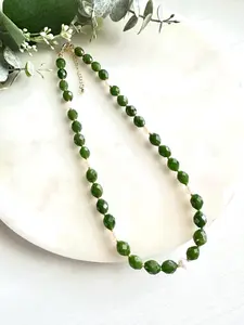 Emerald Green Jade and Freshwater Pearls Beaded Necklace -Gift-Wedding-Bridesmaids
