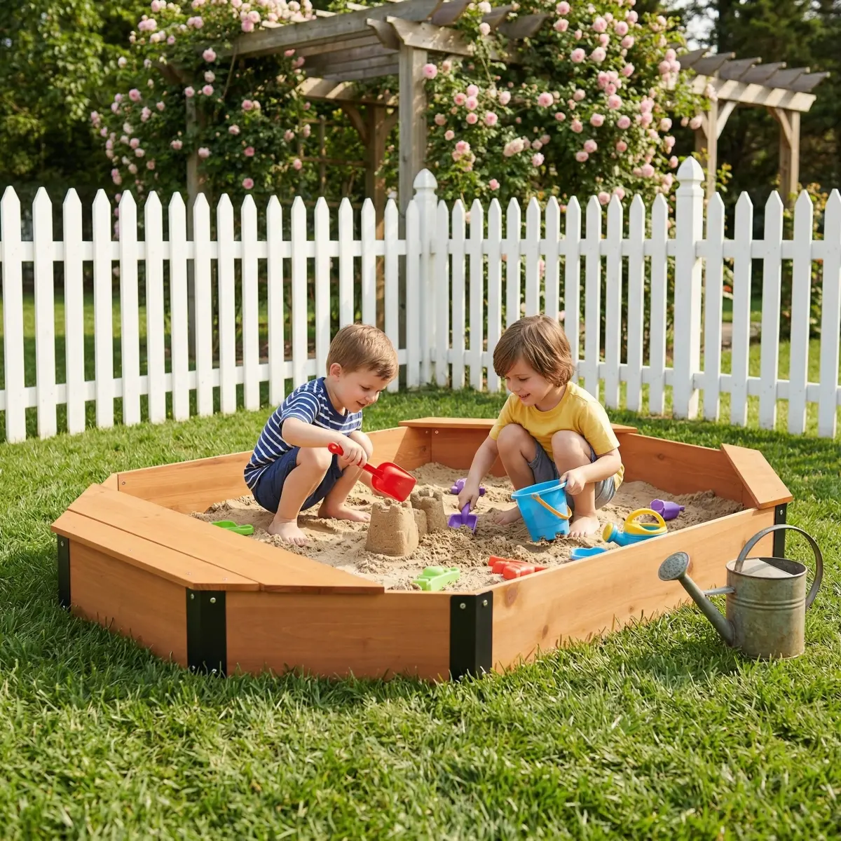 Aobtkel Octagon Sandbox with Storage for Kids Solid Wood Sandpit with Bench Seats Cover and Liner Weather-Resistant Metal Brackets Outdoor Backyard Patio Playground Children Age 3+ Boys Girls Gift Idea