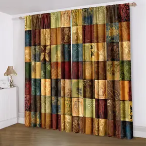 Vintage Geometric Pattern Curtain, 2 Counts/set Colorful Painted Rod Pocket Panel, Country Style Cottage Farmhouse Living Room Bedroom Curtain