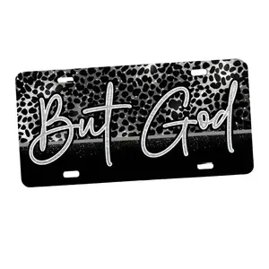 But God christian license plate, silver leopard print car decor for her