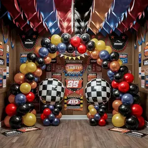 Racing Car Balloon Arch Garland Set Blue Red Black Yellow Balloons Black White Checkered Aluminum Foil Balloons Birthday Party Shower Supplies Racing Theme Party Decorations