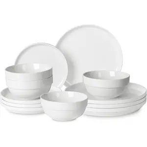 12 count Porcelain Dinnerware Set, Serving Plates and Bowls Set for 4, Chip and Scratch Resistant White chen Dishware Sets, Thick-edge Non-slip Design