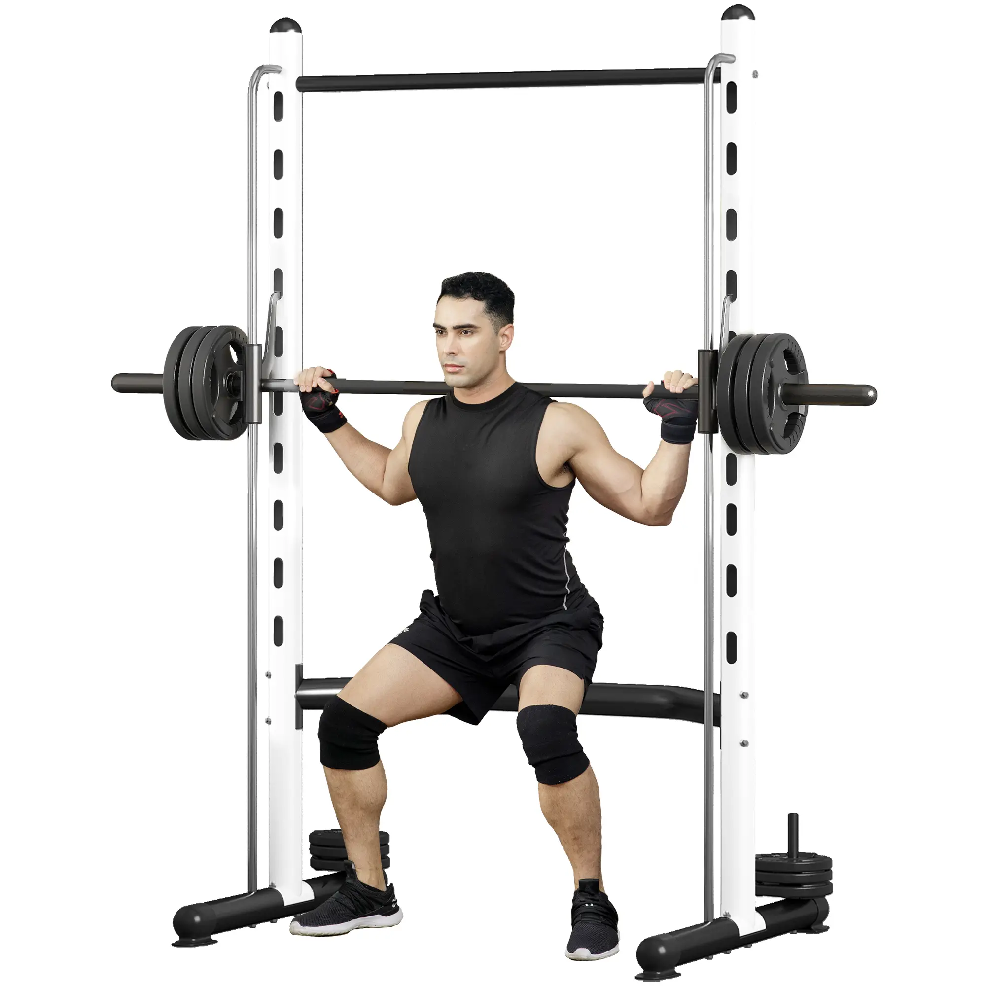 Soozier Squat Rack with Pull-Up Bar, Adjustable Power Rack with Barbell Bar, Multi-Functional Bench Press Rack for Home Gym Strength Training, White