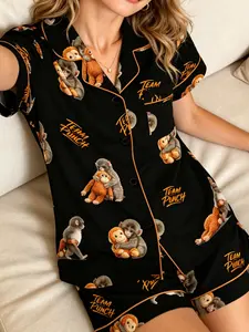 Women's Pajamas Set Trendy Cute Monkey Hug Teddy Bear Print Summer Button Down Short Sleeve Shorts Milk Silk Soft Comfy Loose Fit 2 Piece Casual Sleepwear Loungewear for Women