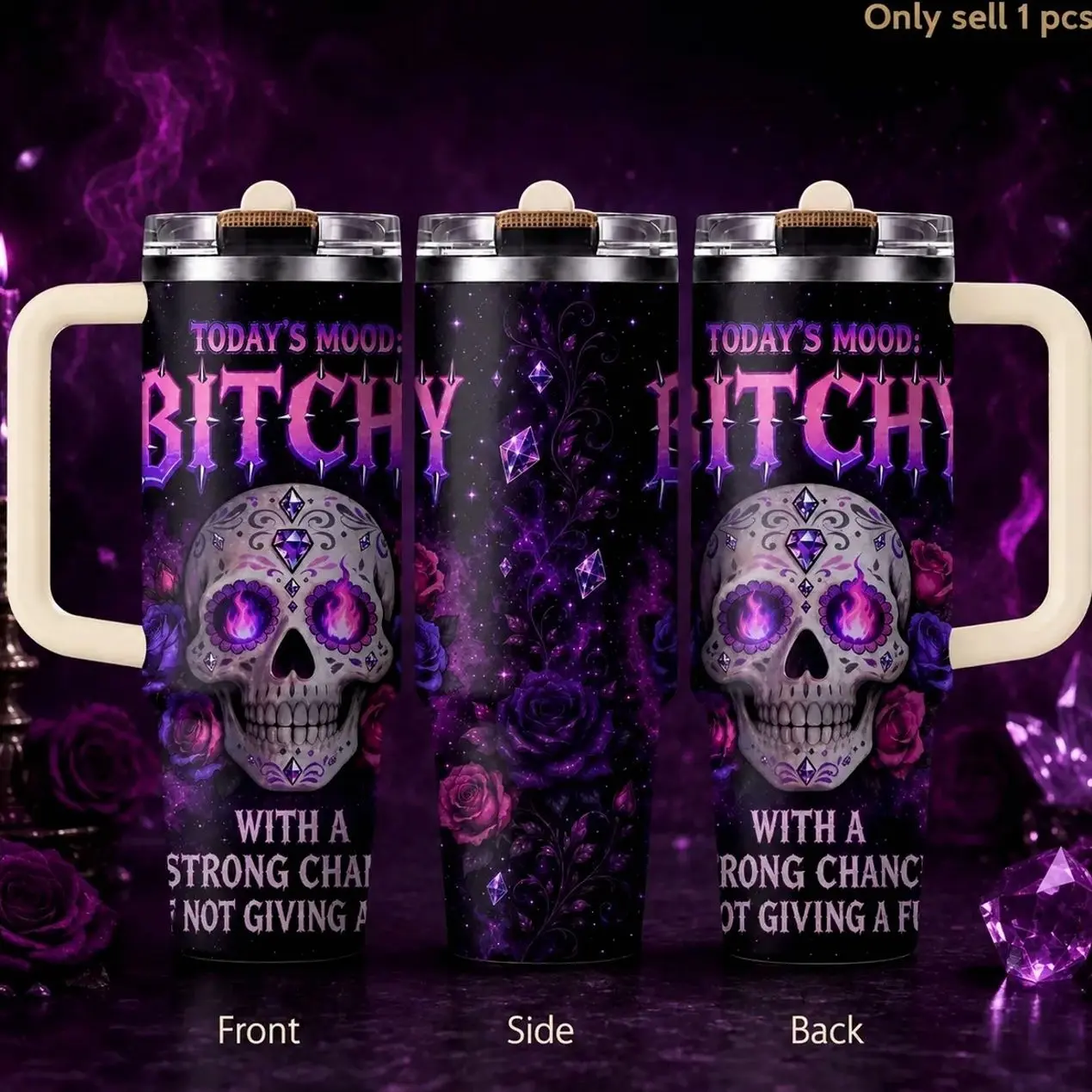Gothic Skull Rose Bitchy Mood Vacuum Flasks 40oz 3rd Gen Vacuum Insulated Tumbler with Handle & Straw Lid, Leak-Proof Stainless Steel Travel Mug for Water, Coffee, Gym, Office, Car Cup Holder, Hydration Tumbler, Drinkware