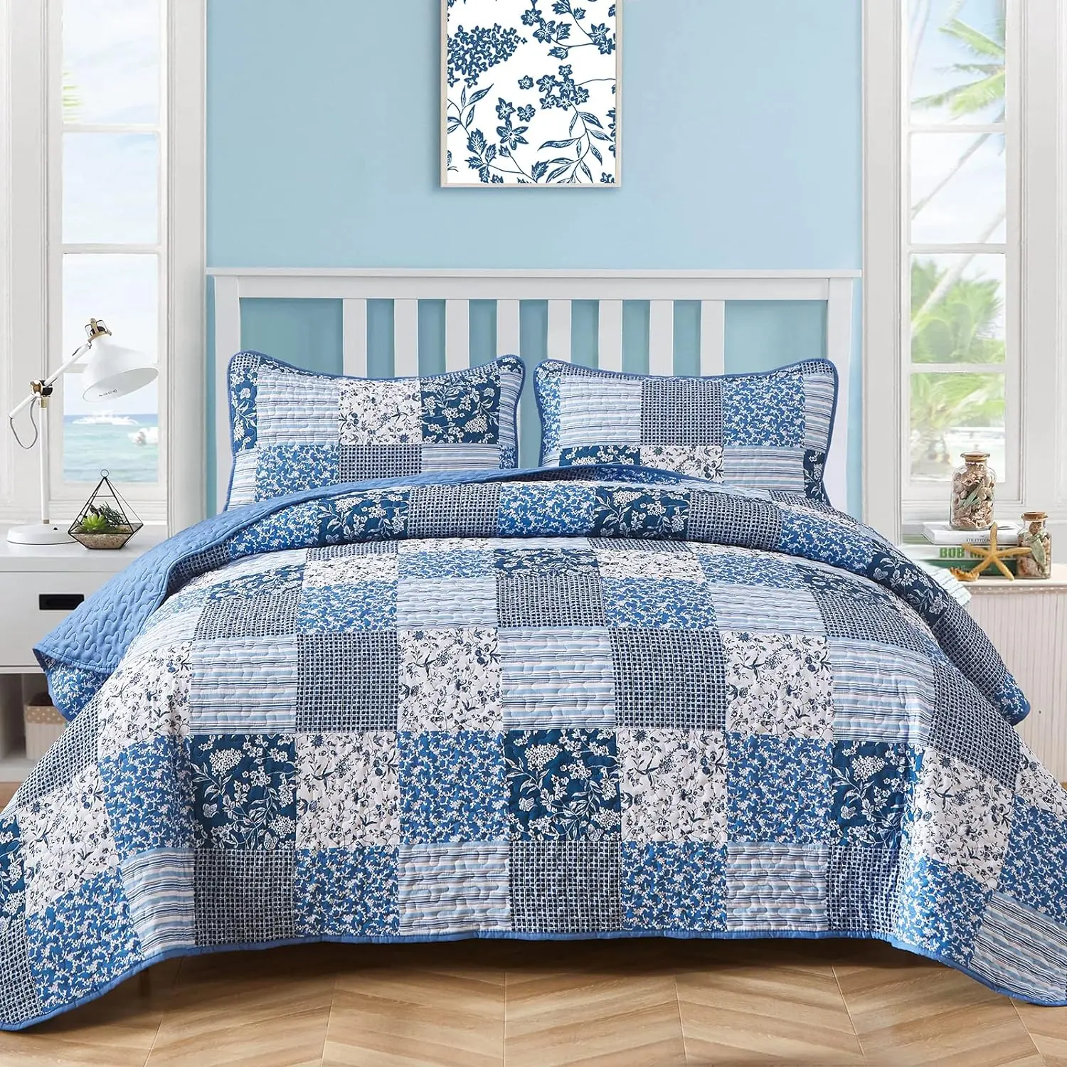 Blue Boho Quilt Set Queen Size,3 Pieces Plaid Floral Bedspread Coverlet Set for All Season,Patchwork Reversible Bedding Set Queen 90"x96"