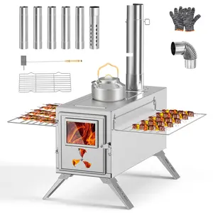 SLSY Tent Wood Stove,Hot Tent Stove, Portable Stainless Steel Wood Burning Stove with 7 Chimney Pipes & Gloves,for Outdoor Camping Hunting Ice Fishing Cooking Heating