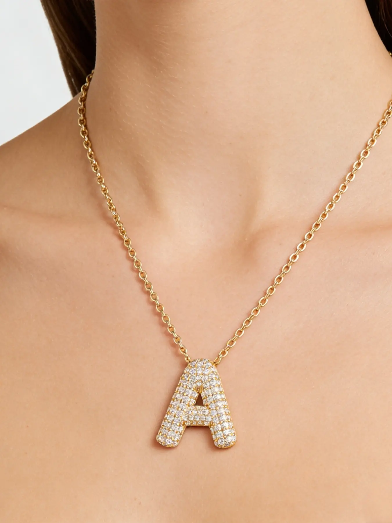 Women's Zircon Bubble Letter Initial Necklace, Copper Chain & Metal Coating Pendant, Perfect Gift for Women, Birthday & Commemorative Wear, Alphabet Necklace