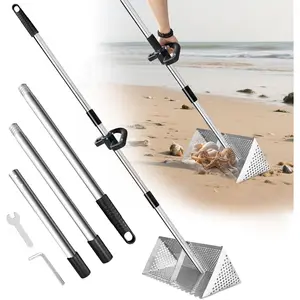 Sand Flea Rake - Stainless Sand Scoop Detachable 47" Long Handle Sand Sifter for The Beach with 16" Width Basket Detecting Tool for Collecting Teeth (Silver)