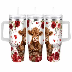 Highland Cow Car Tumbler (40oz/30oz/20oz)  Cute Calf Floral Heart Print  Insulated Stainless Steel  Travel Mug  Gift for Her  Valentine's Day  Birthday  Anniversary  Farmhouse Decor  Road Trips  Office Use  Cozy Home Essential
