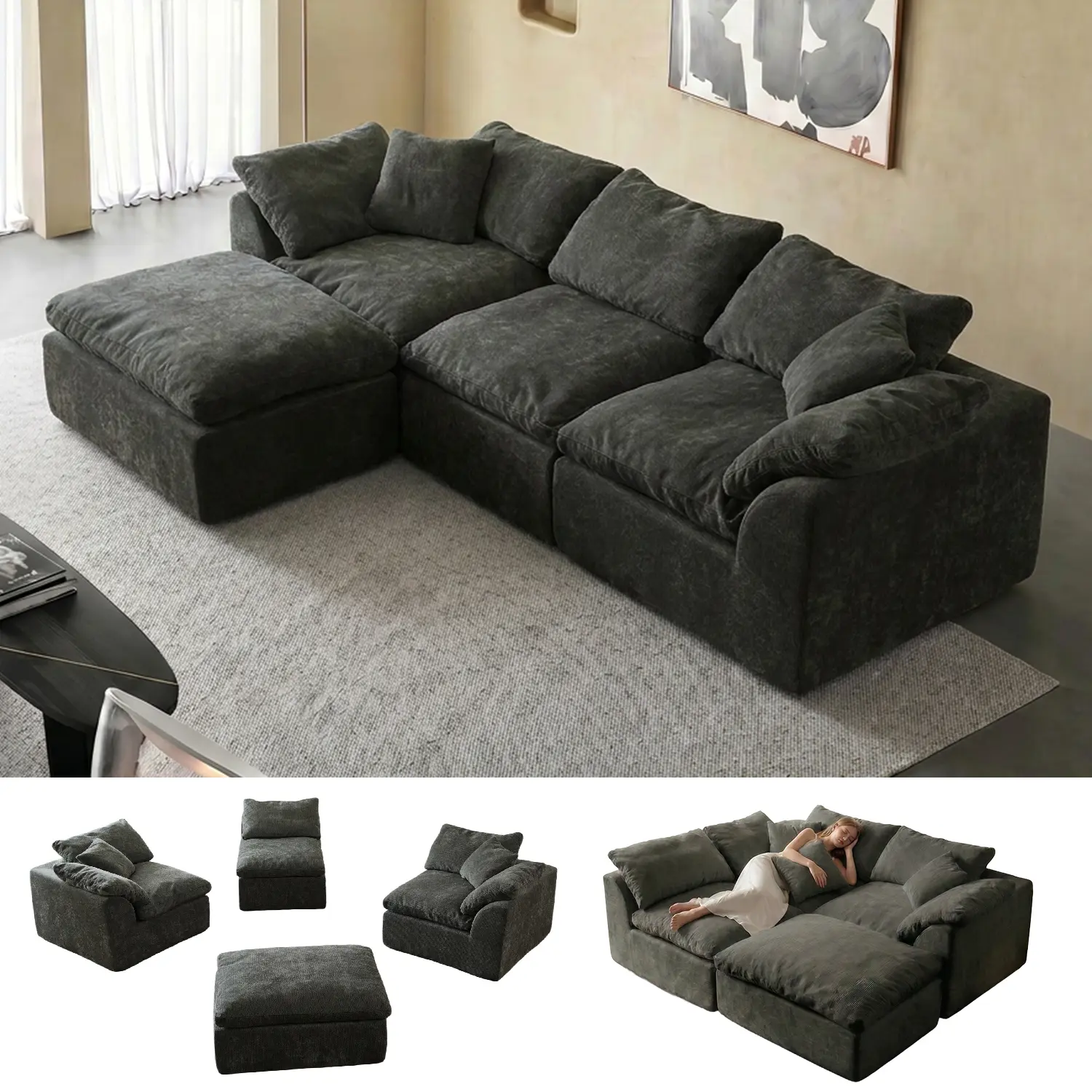 [2 Packs Shipped] EIDOSORIGOS 108" OFFICIAL Cloud Boneless Sectional Couch with Convertible  Ottoman, Cloud Modular Couch, Layered  Cushion & Tufted Upholstered,4-in-1 Flexible Combination, No Assembly Required