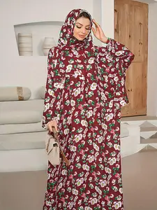 Women's Ditsy Floral Print Long Sleeve Hooded Abaya, Elegant Batwing Sleeve Maxi Muslim Dress, Ladies Islamic Clothing for All Seasons