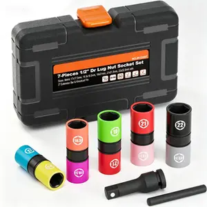 Metric Thin Wall Non-Marring Flip Socket Set, 1/2-Inch Drive 7pc Half Size Lug Nut Socket, CR-MO Steel Impact Deep Socket, Wheel Protector, for Car Wheel Nut
