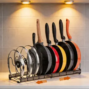 Adjustable Pot and Lid Organizer, Expands from 12 to 23 inches, 10 dividers for custom fit, non-slip silicone feet, space-saving cabinet storage for pans, lids, plates, and cutting boards — can be used as two separate organizers, Metal