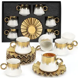 Turkish Coffee Cup Set of 6 with Saucers,3.5oz Ceramic Espresso Cups, Gold-Plated Rim,Ottoman-Style White & Gold Design, Gift Box with Window – Ideal for Turkish Coffee, Espresso & Home Decor Drinkware Aesthetic