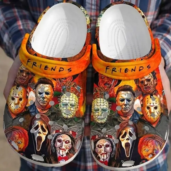 Horror Squad Friends Clogs Slasher Horror Graphic Print Clogs Halloween Character Foam Shoes Lightweight Breathable Slip On Sandals Spooky Anti Slip House Slippers Casual Outdoor Beach Footwear Unisex Adults