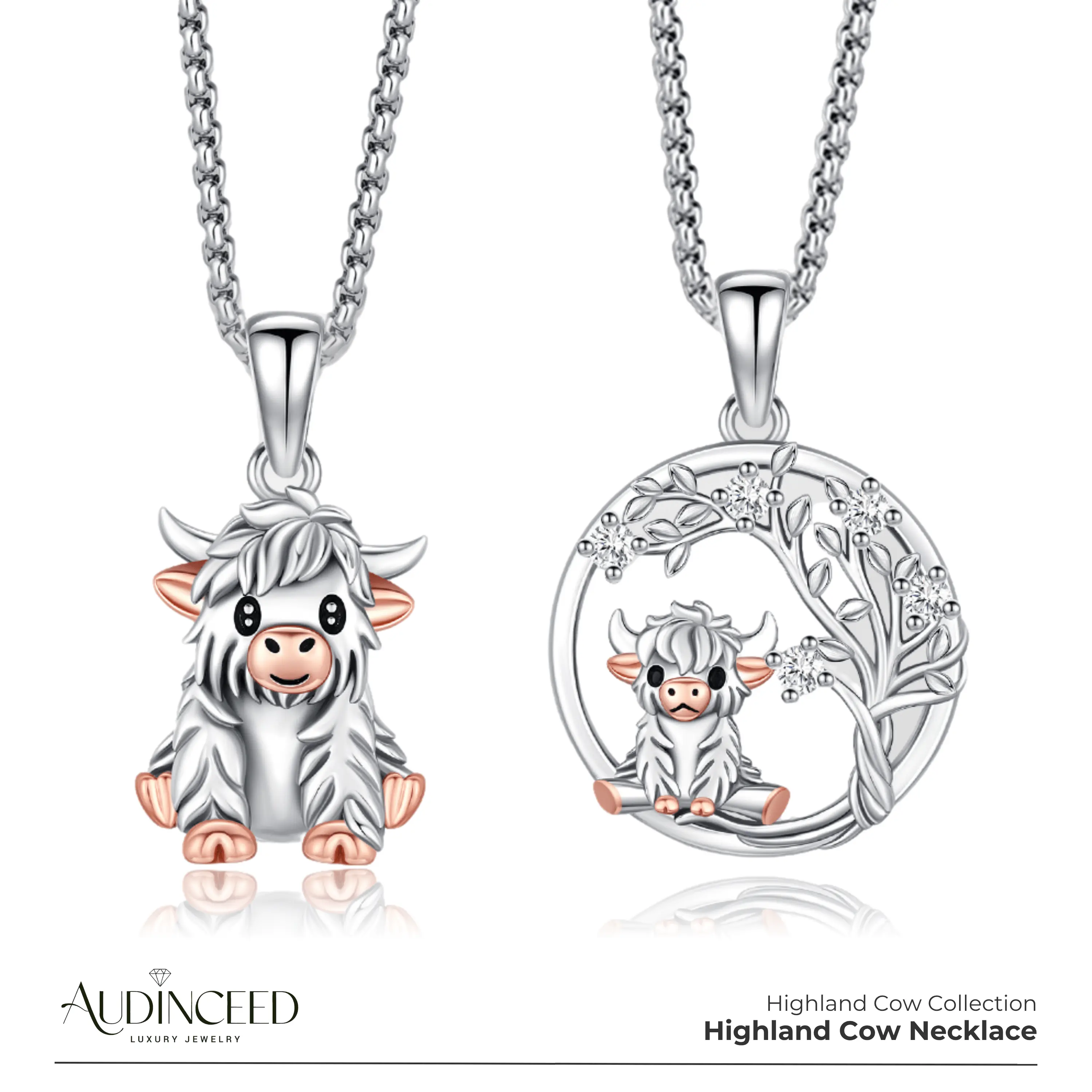 Audinceed Highland Cow Necklace, S925 Sterling Silver Luxury Necklace Pendant Blessed Jewelry Birthday Anniversary Gift for Animal Cow Lovers Woman Wife Girl Man Boy Teen