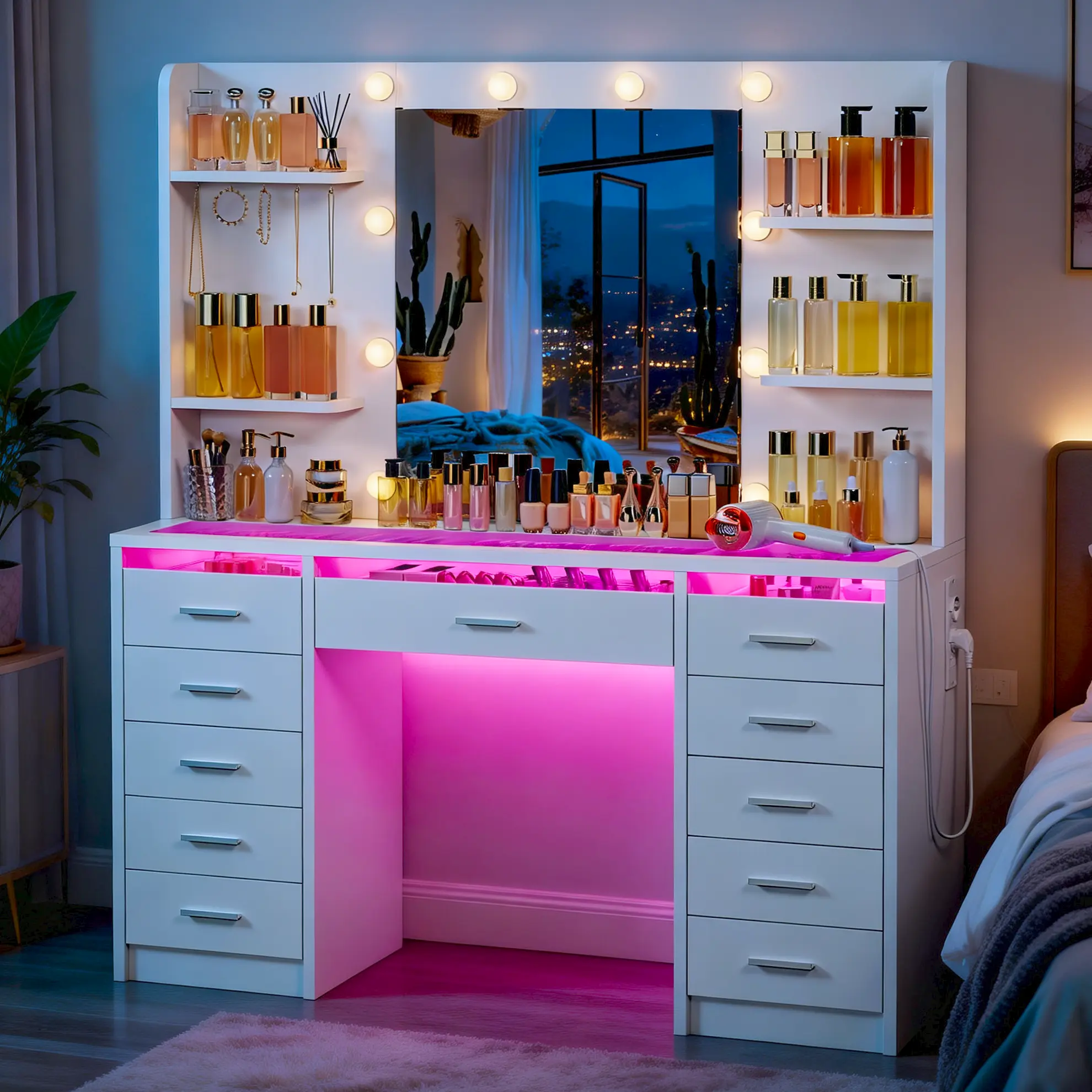 Vanity Desk with Mirror and Lights, Makeup Vanity Table with 11 Drawers, RGB LED Glass Tabletop, Charging Station & Open Storage Shelves, Adjustable Light Modes Dressing Table for Bedroom, White