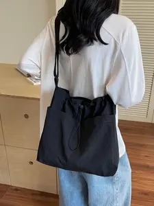 Large Capacity Lightweight Crossbody Bag for Women, Simple Drawstring Design Shoulder Bag, Versatile Commute Tote for Daily Office Use, Casual Crossbody Bag, Plain Aesthetics