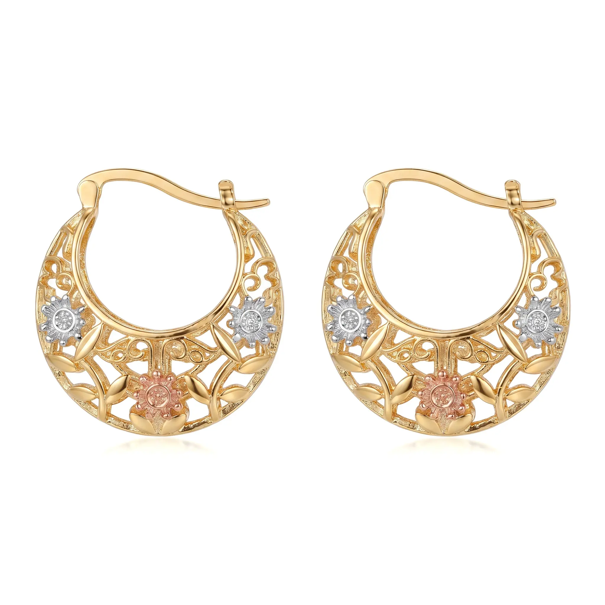 Vintage Flower Hoop Earrings for Women -  Plated Tri-Color Filigree Basket Design, Elegant Statement Earrings for Daily Wear & Gift