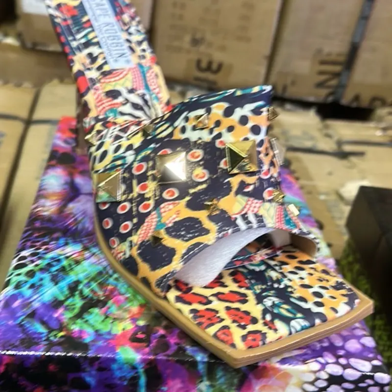 Women's Heels - Colorful Leopard Print with Gold Studs and Wooden Heel box