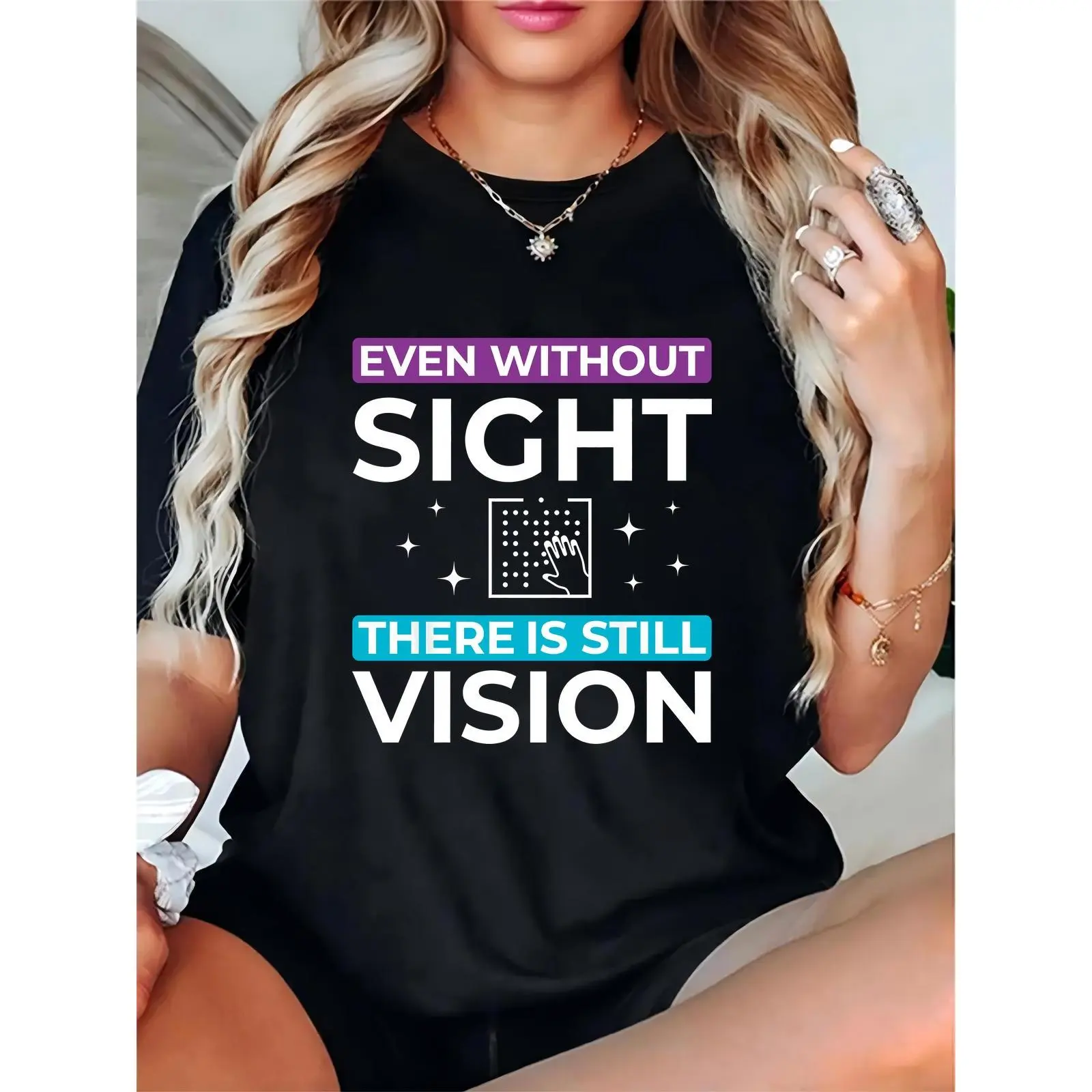 Women's Black T - Shirt with Motivational Blindness Awareness Design – Braille, Hand Icon, Stars & Quote "Even Without Sight There Is Still Vision" for Daily Wear, Awareness Events & Inspirational Occasions