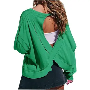 Women’s Long-Sleeve Open-Back Casual Workout Tops — Trendy Athletic Running Cropped Layering T‑Shirt