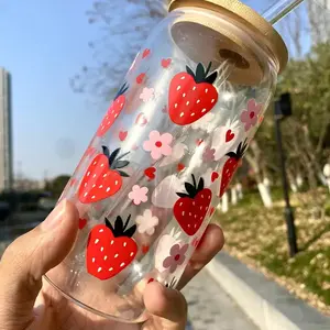 Summer Cool Bottle Drinking Bottle for Home Office Use,  Strawberry Pattern Coffee Glass Cup, 1 Count Water Mug with Lid & Straw, Summer for Gift, Kitchenware Reusable Reusable Portable Washable Bottled Tumbler Drinkware
