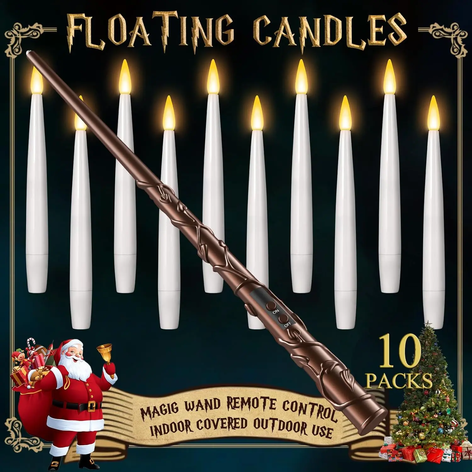 Floating Candles with Wand - Christmas Magic Hanging Flameless Candles Taper Candles with Remote for Halloween Window Home Bedroom Birthday Party Decorations (10 PCS White Candles + 1 Brown Wand)