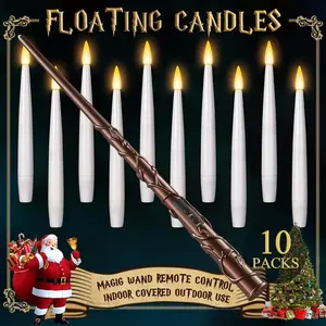 Floating Candles with Wand - Christmas Magic Hanging Flameless Candles Taper Candles with Remote for Halloween Window Home Bedroom Birthday Party Decorations (10 PCS White Candles + 1 Brown Wand)