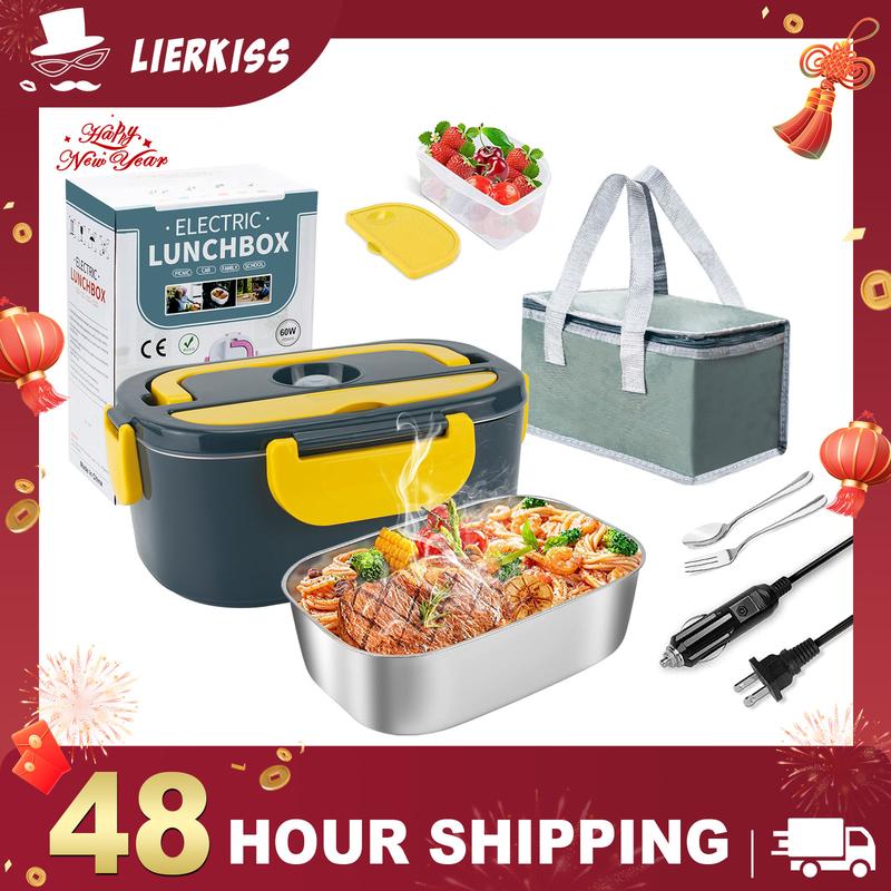 Electric Lunch Box for Adults, 1.5L 60W Leakproof Heated Lunch Box | 12/24/110/220V Portable Food Warmer for Car, Truck, Office with SS Fork&Spoon and Insulated Carry Bag , Lonchera Para Trabajo
