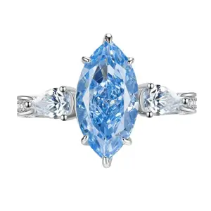 【964】New Year Promo Blue Marquise 4ct Cubic Zirconia Ring | Teardrop Accents & Pavé Band | Six-Prong Setting