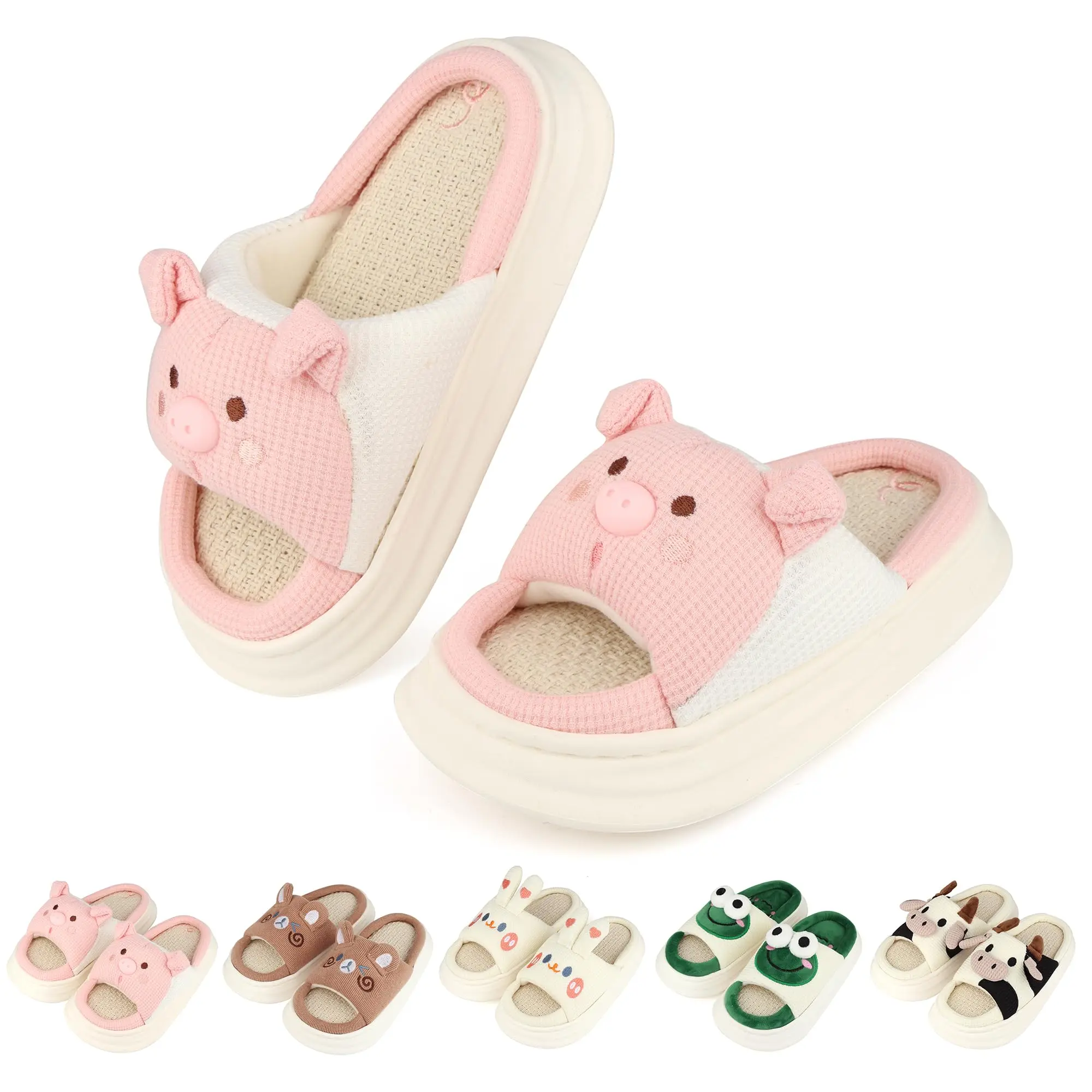 DIOLV Women's Cute Cartoon Cow Linen Soft Sole Slippers, Lightweight Indoor Footwear with Thick Memory Foam and Non-Slip Sole, Eva, Casual, Round Toe, Chic, Cloth, Slip On, Cotton Fabric, Shoe, Slide, Ankle, Geometric, Flexible, Chic Holiday