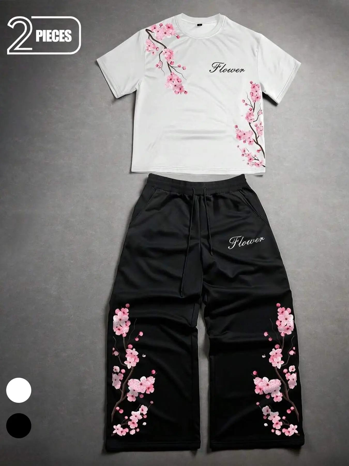 Vintage Cherry Blossom Graphic Tracksuit - Men's Summer Short Sleeve T-Shirt and Sweatpants Set - Aesthetic Floral Streetwear Outfit for Men & Unisex Relaxed Fit - Casual Summer Tracksuit Casual Tracksuits