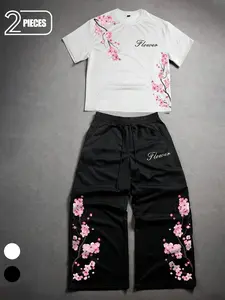 Vintage Cherry Blossom Graphic Tracksuit - Men's Summer Short Sleeve T-Shirt and Sweatpants Set - Aesthetic Floral Streetwear Outfit for Men & Unisex Relaxed Fit Casual Sportswear Outfit