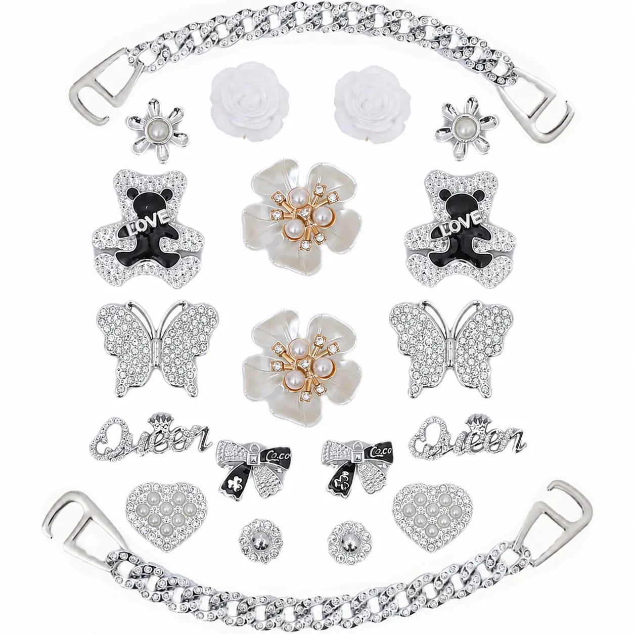 Women's Sparkling Bling Shoe Charms - 20 Pcs Lightweight Rhinestone Decorative Shoe Accessories with Chains, Butterflies, Flowers, Crowns for Clog Decor, Thanksgiving, Sparkling Shoe Charms