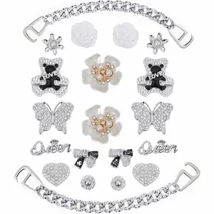 Bling Shoe Charms for Women, 20 Pcs Lightweight Rhinestone Jewelry Set with Chains, Butterfly, Flower & Crowns Clog Decorations for Thanksgiving